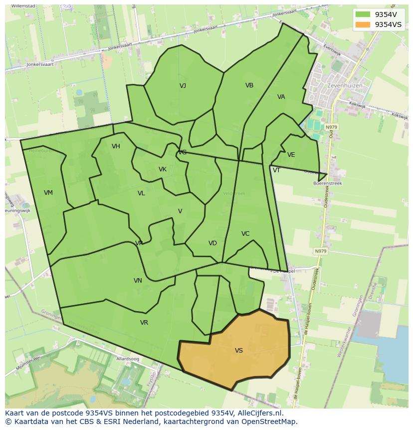 Afbeelding van het postcodegebied 9354 VS op de kaart.