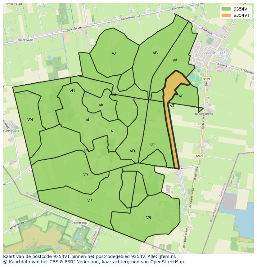 Afbeelding van het postcodegebied 9354 VT op de kaart.