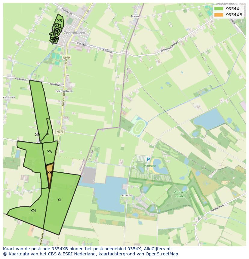 Afbeelding van het postcodegebied 9354 XB op de kaart.