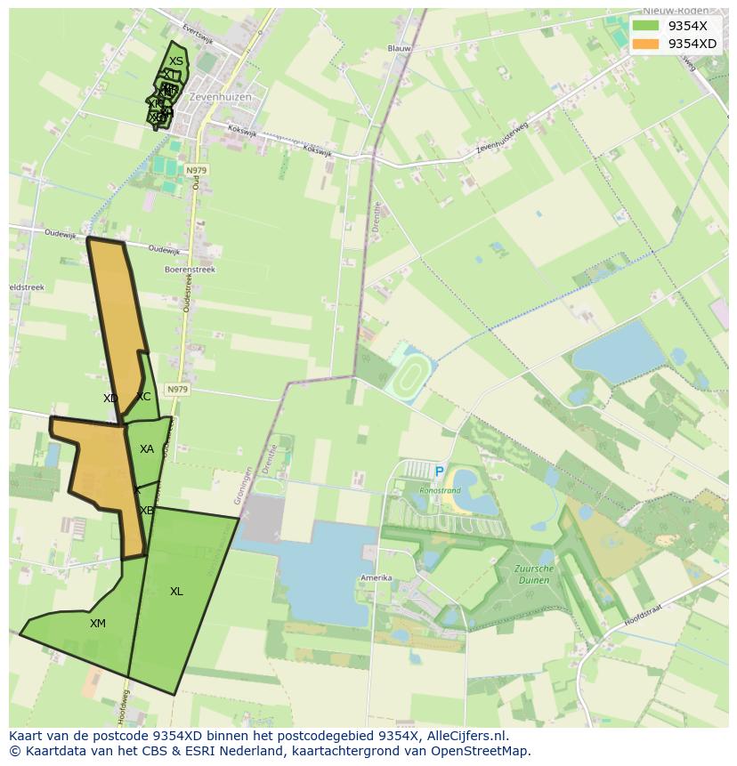 Afbeelding van het postcodegebied 9354 XD op de kaart.