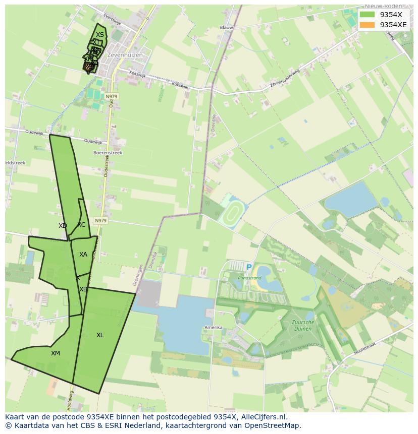 Afbeelding van het postcodegebied 9354 XE op de kaart.