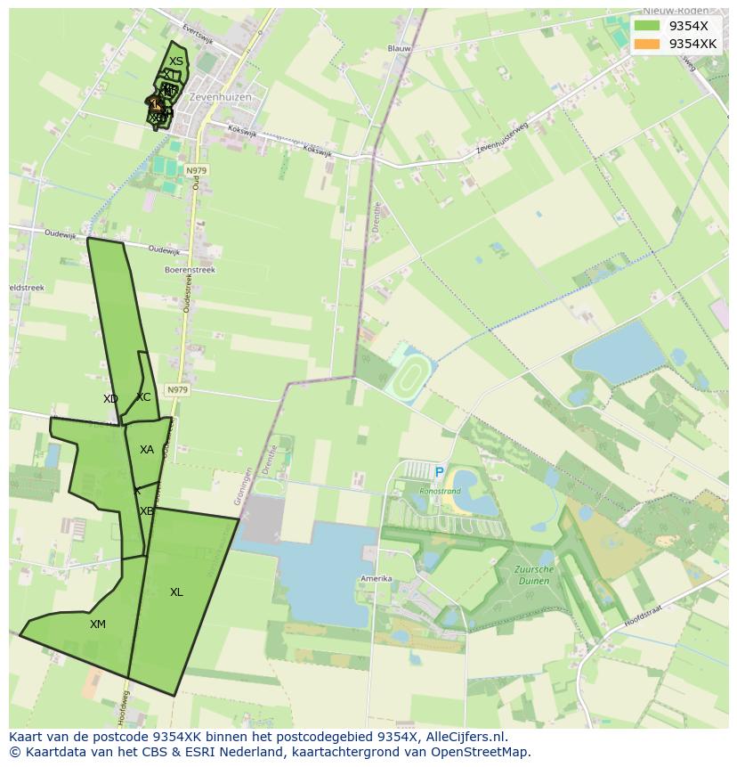 Afbeelding van het postcodegebied 9354 XK op de kaart.
