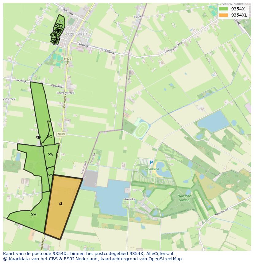 Afbeelding van het postcodegebied 9354 XL op de kaart.