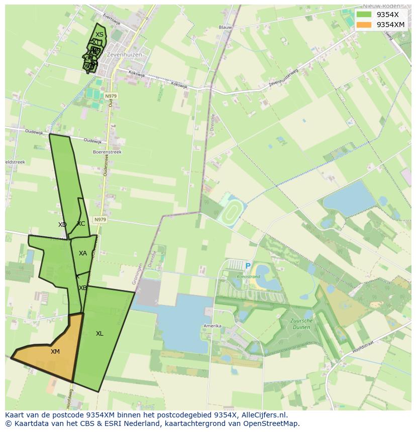 Afbeelding van het postcodegebied 9354 XM op de kaart.