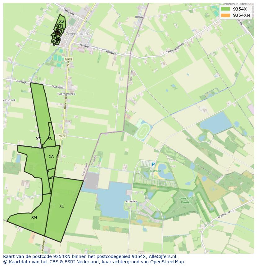 Afbeelding van het postcodegebied 9354 XN op de kaart.