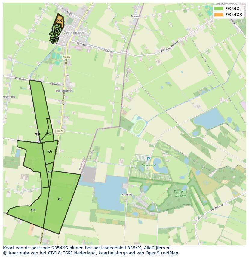 Afbeelding van het postcodegebied 9354 XS op de kaart.