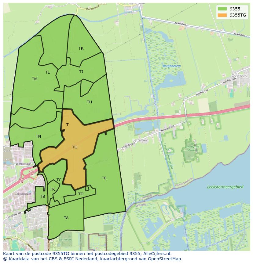 Afbeelding van het postcodegebied 9355 TG op de kaart.