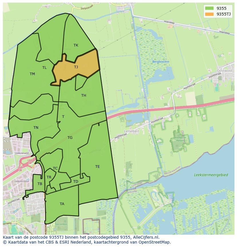 Afbeelding van het postcodegebied 9355 TJ op de kaart.