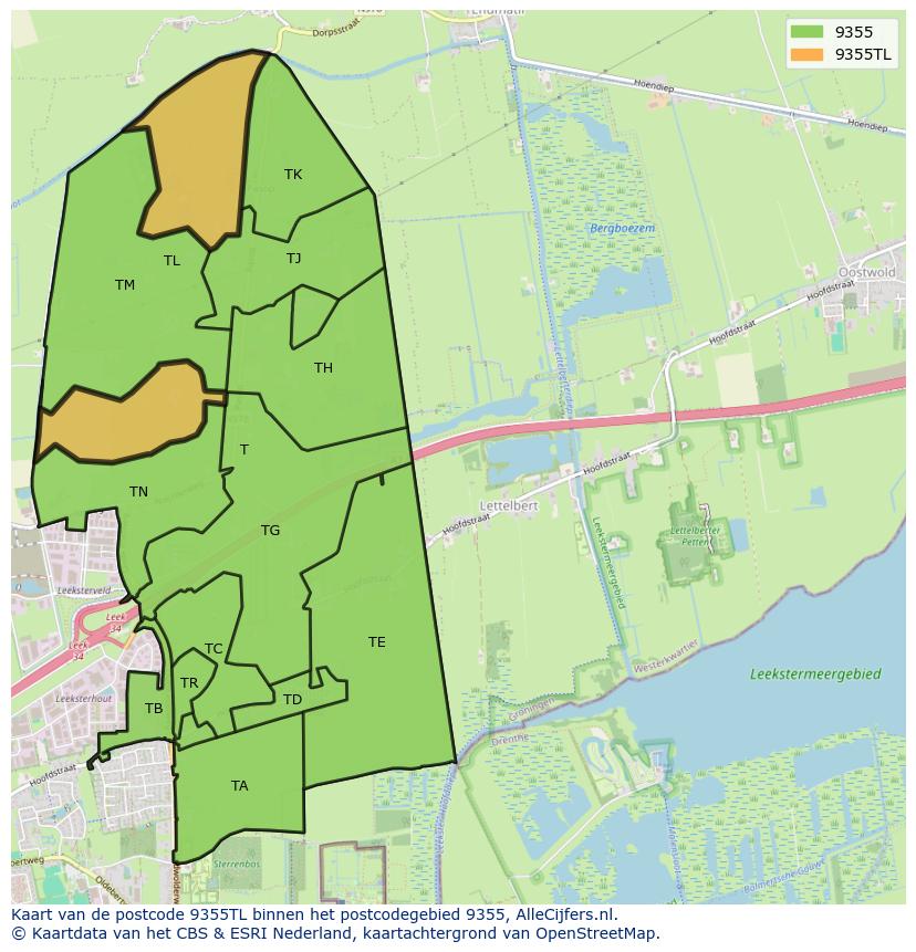 Afbeelding van het postcodegebied 9355 TL op de kaart.