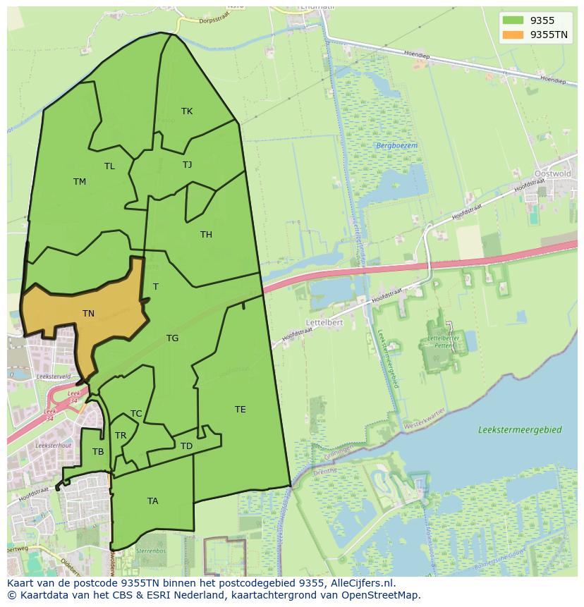 Afbeelding van het postcodegebied 9355 TN op de kaart.