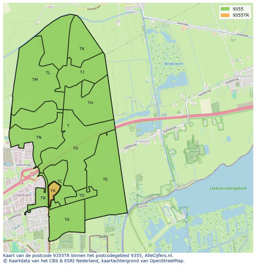 Afbeelding van het postcodegebied 9355 TR op de kaart.