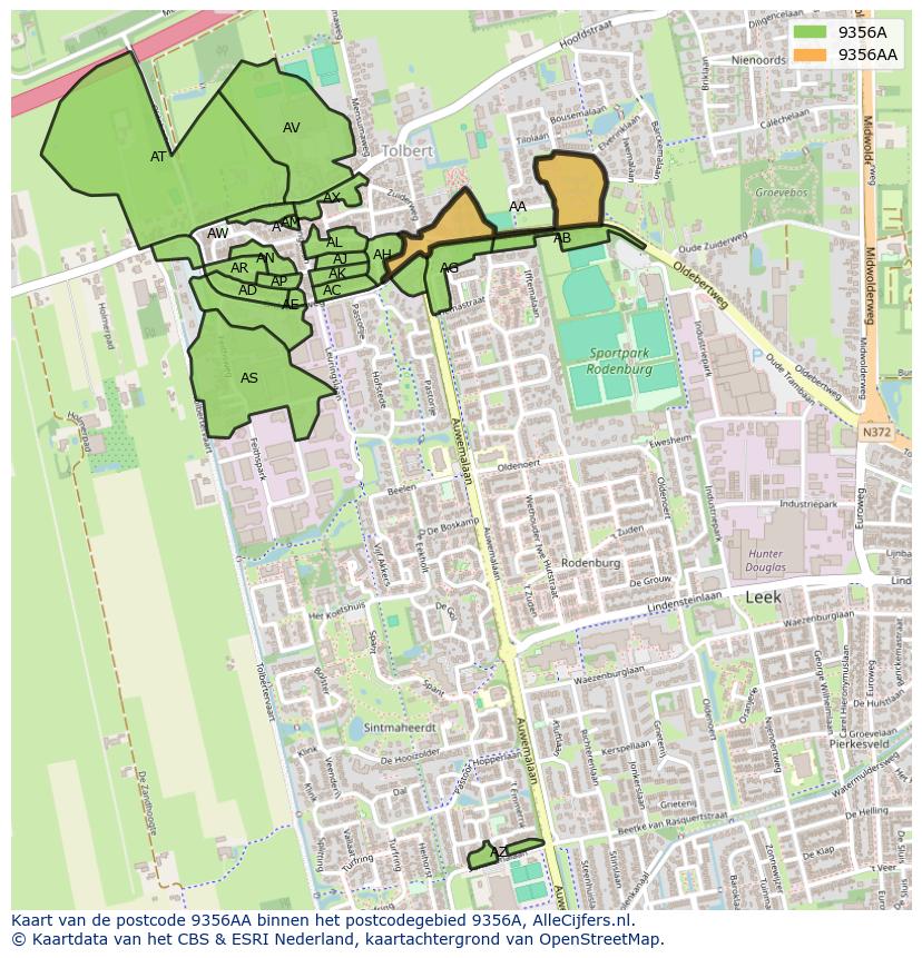 Afbeelding van het postcodegebied 9356 AA op de kaart.