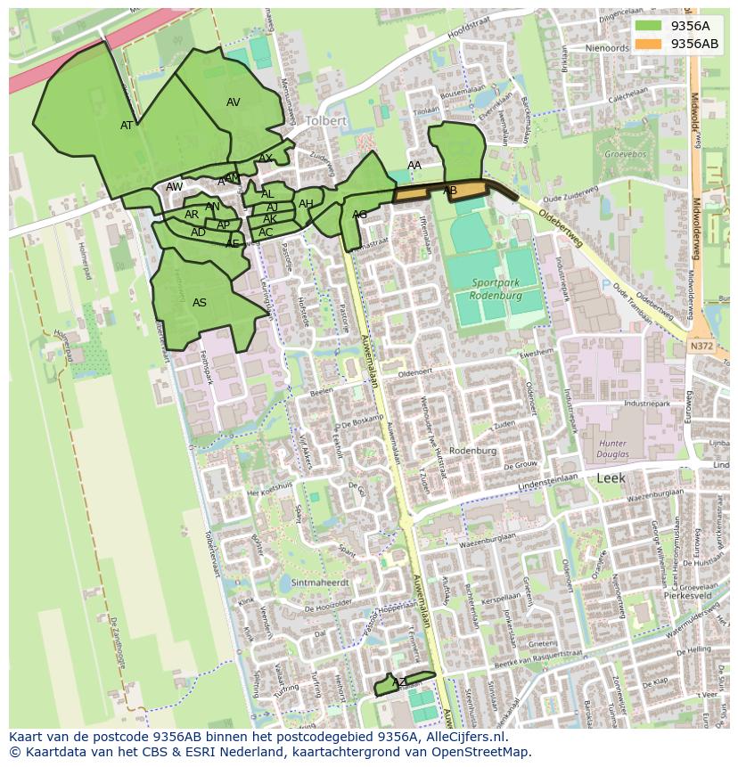 Afbeelding van het postcodegebied 9356 AB op de kaart.