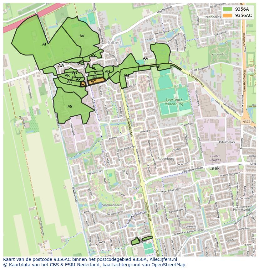 Afbeelding van het postcodegebied 9356 AC op de kaart.