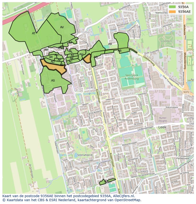 Afbeelding van het postcodegebied 9356 AE op de kaart.