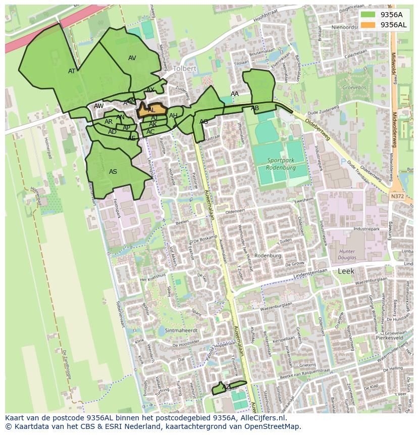 Afbeelding van het postcodegebied 9356 AL op de kaart.