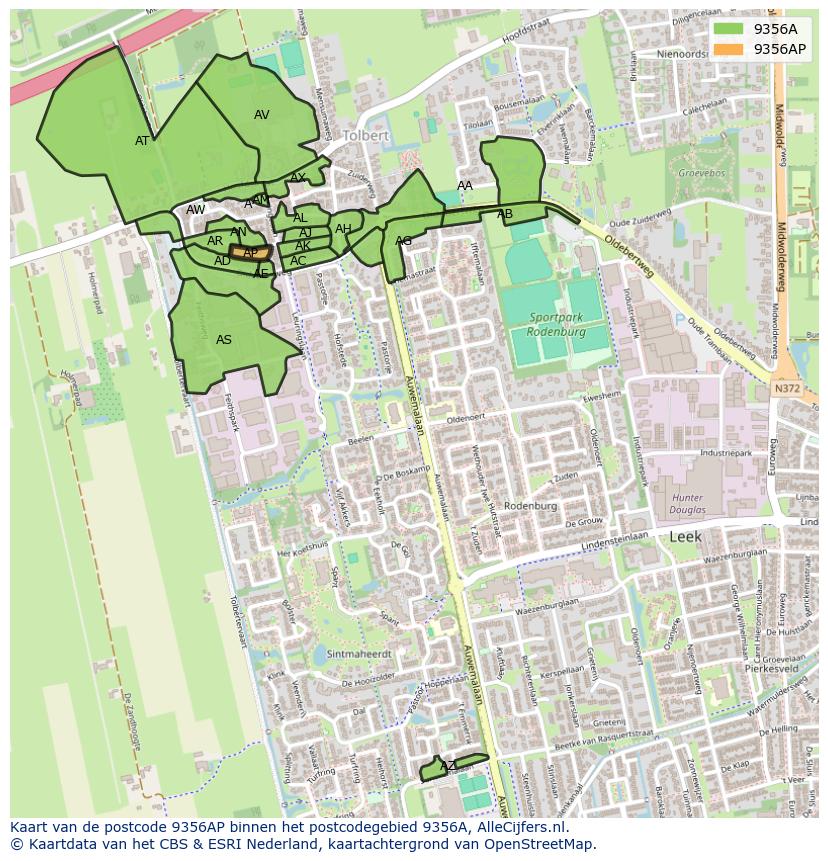 Afbeelding van het postcodegebied 9356 AP op de kaart.