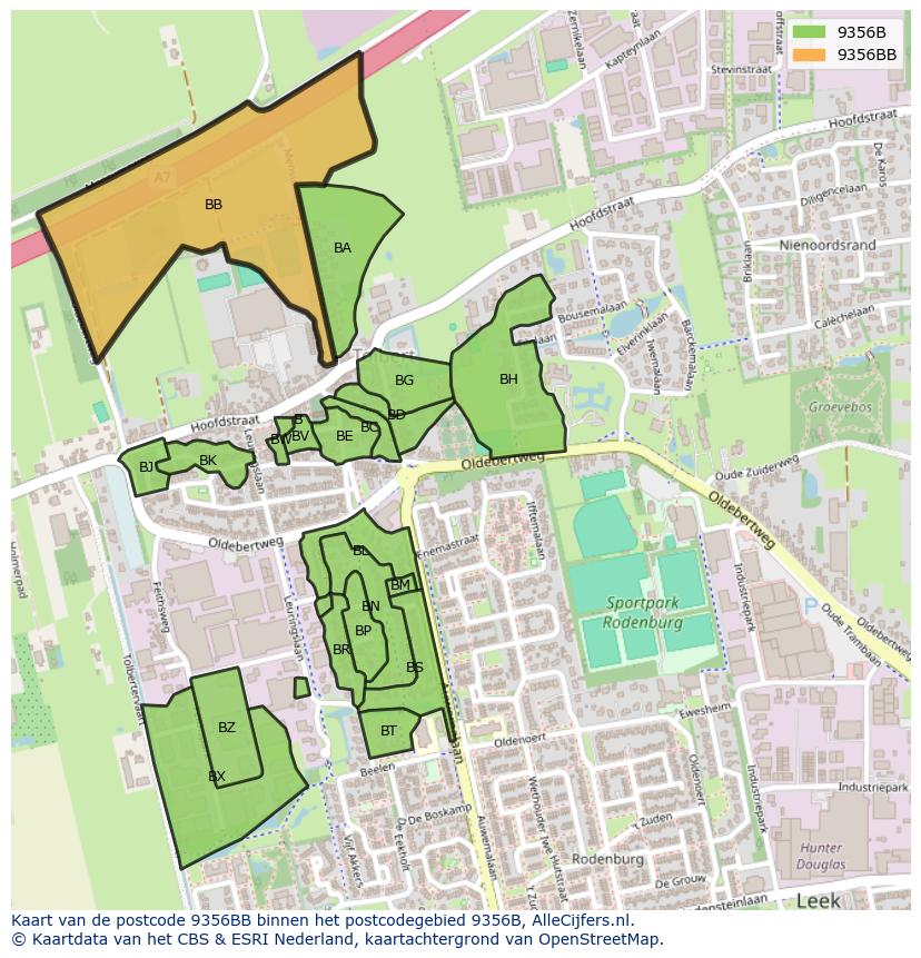 Afbeelding van het postcodegebied 9356 BB op de kaart.
