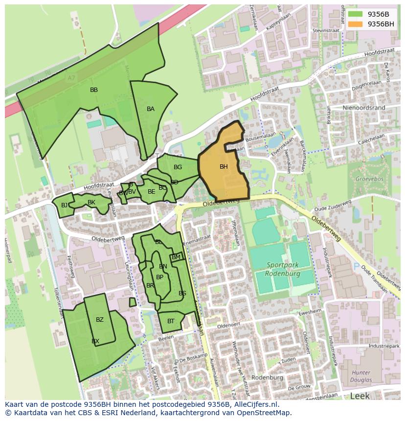 Afbeelding van het postcodegebied 9356 BH op de kaart.