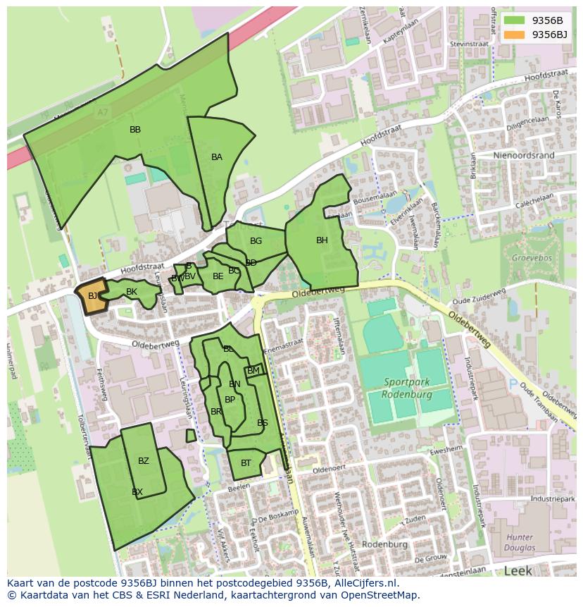 Afbeelding van het postcodegebied 9356 BJ op de kaart.