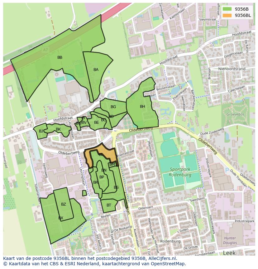 Afbeelding van het postcodegebied 9356 BL op de kaart.