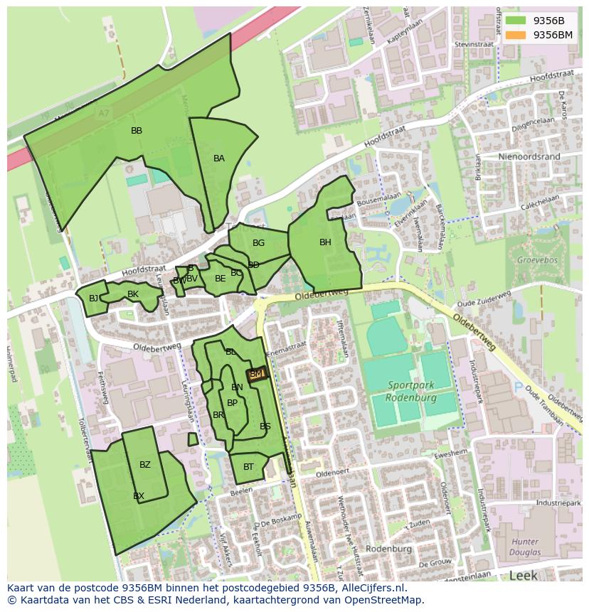 Afbeelding van het postcodegebied 9356 BM op de kaart.