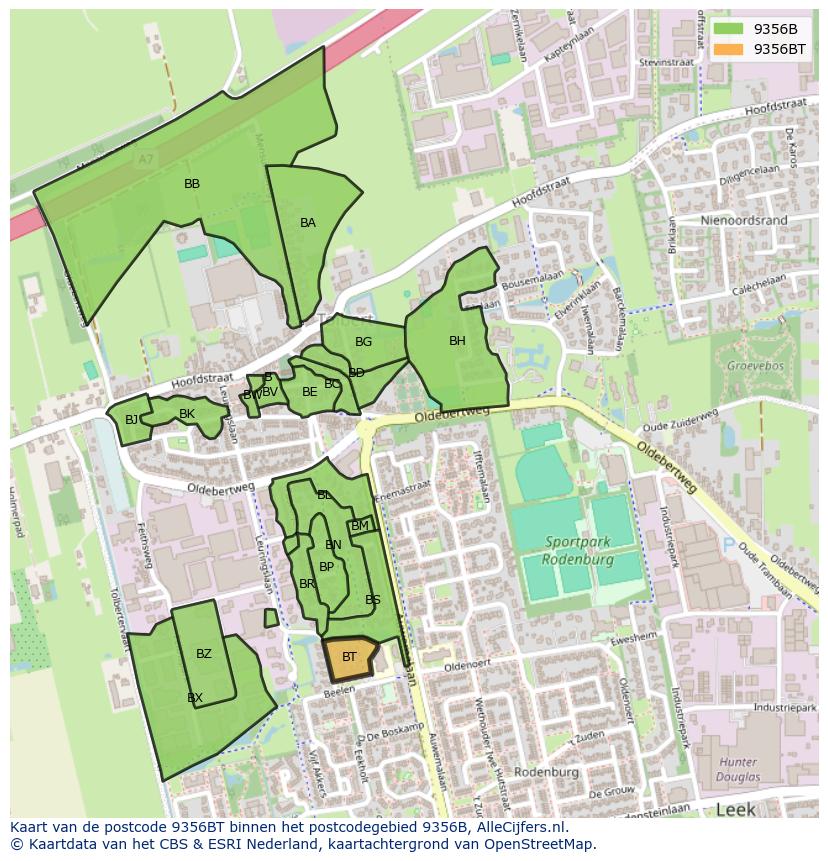 Afbeelding van het postcodegebied 9356 BT op de kaart.