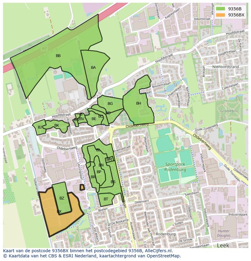 Afbeelding van het postcodegebied 9356 BX op de kaart.