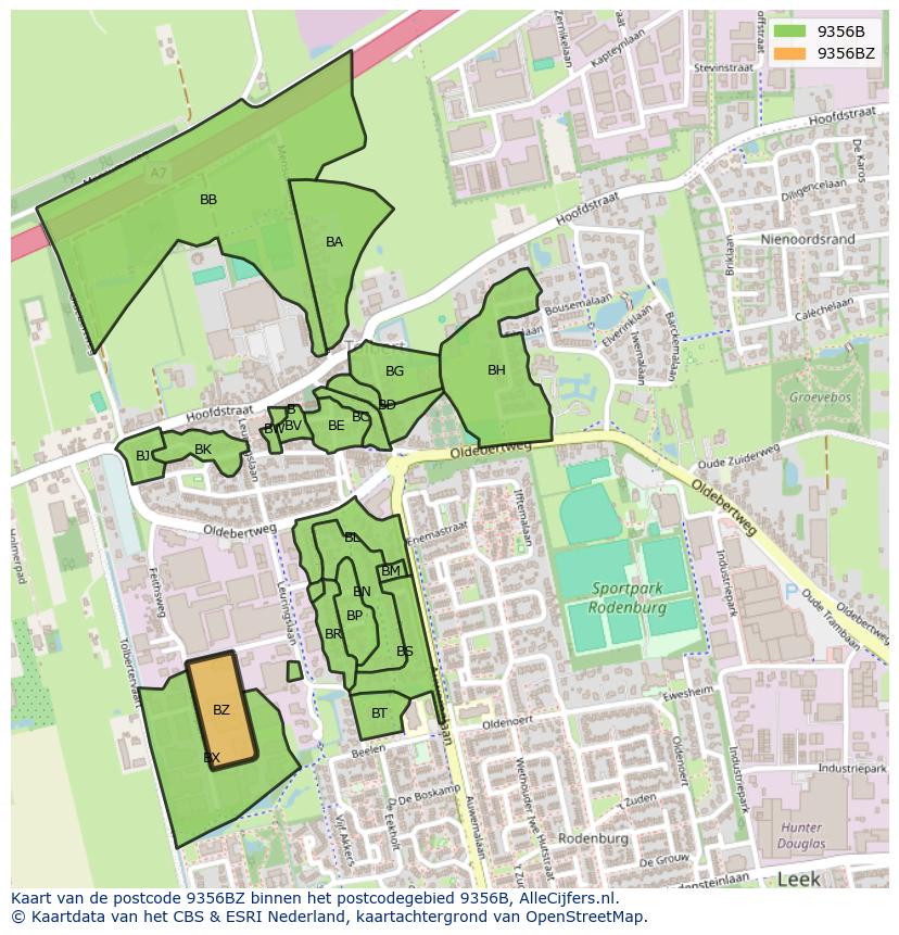 Afbeelding van het postcodegebied 9356 BZ op de kaart.