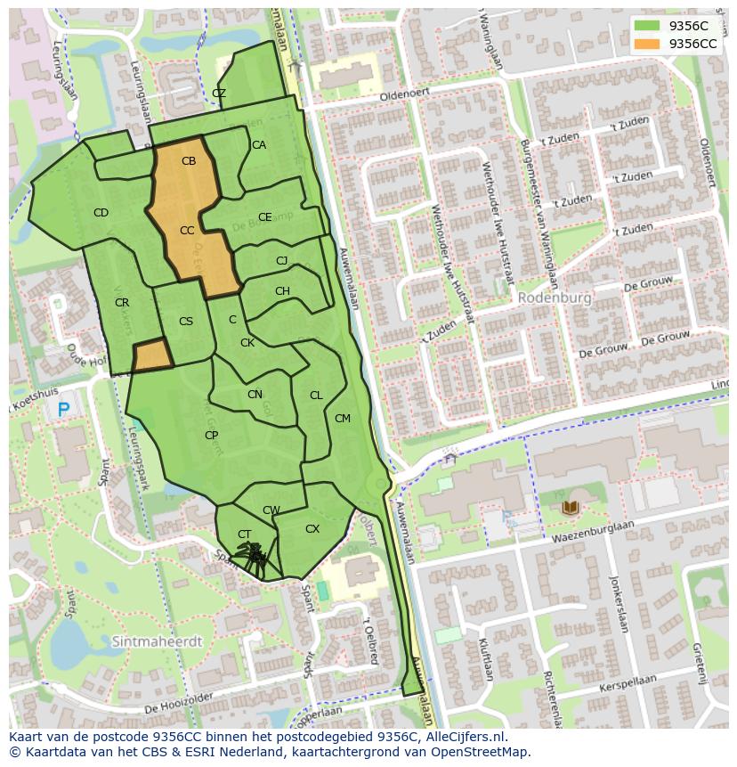 Afbeelding van het postcodegebied 9356 CC op de kaart.