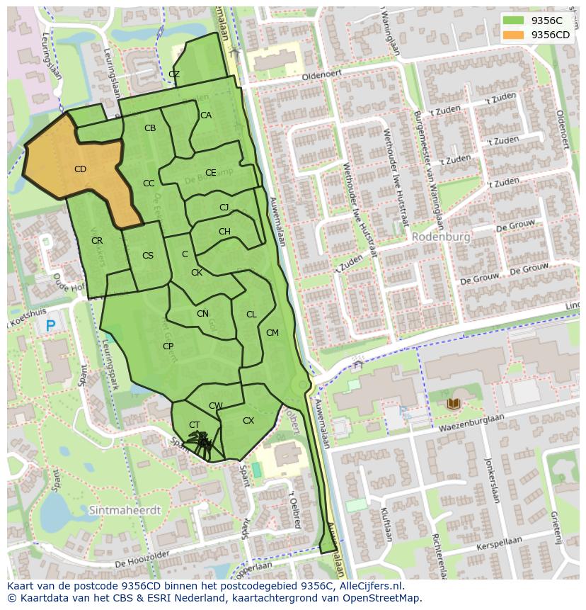 Afbeelding van het postcodegebied 9356 CD op de kaart.