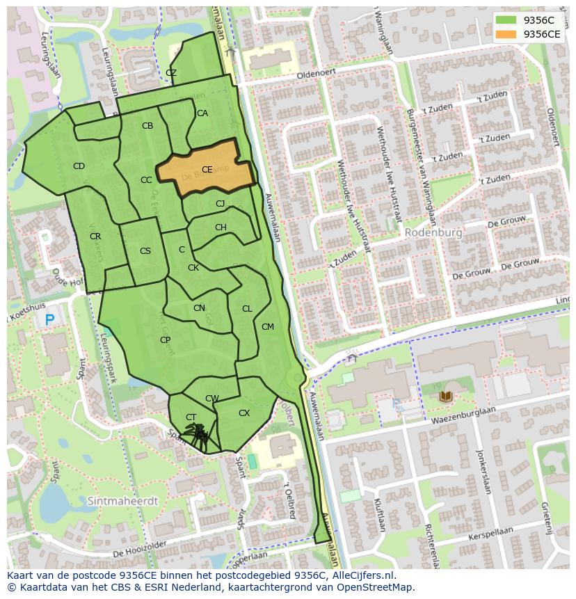 Afbeelding van het postcodegebied 9356 CE op de kaart.