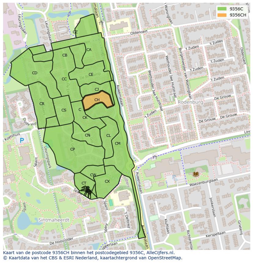 Afbeelding van het postcodegebied 9356 CH op de kaart.