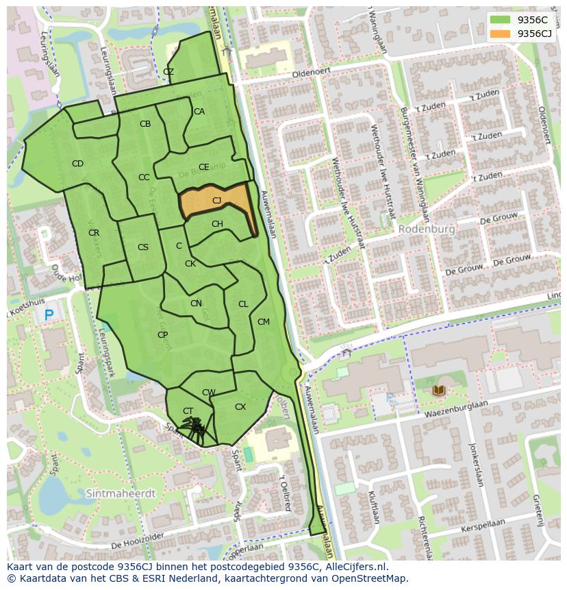 Afbeelding van het postcodegebied 9356 CJ op de kaart.