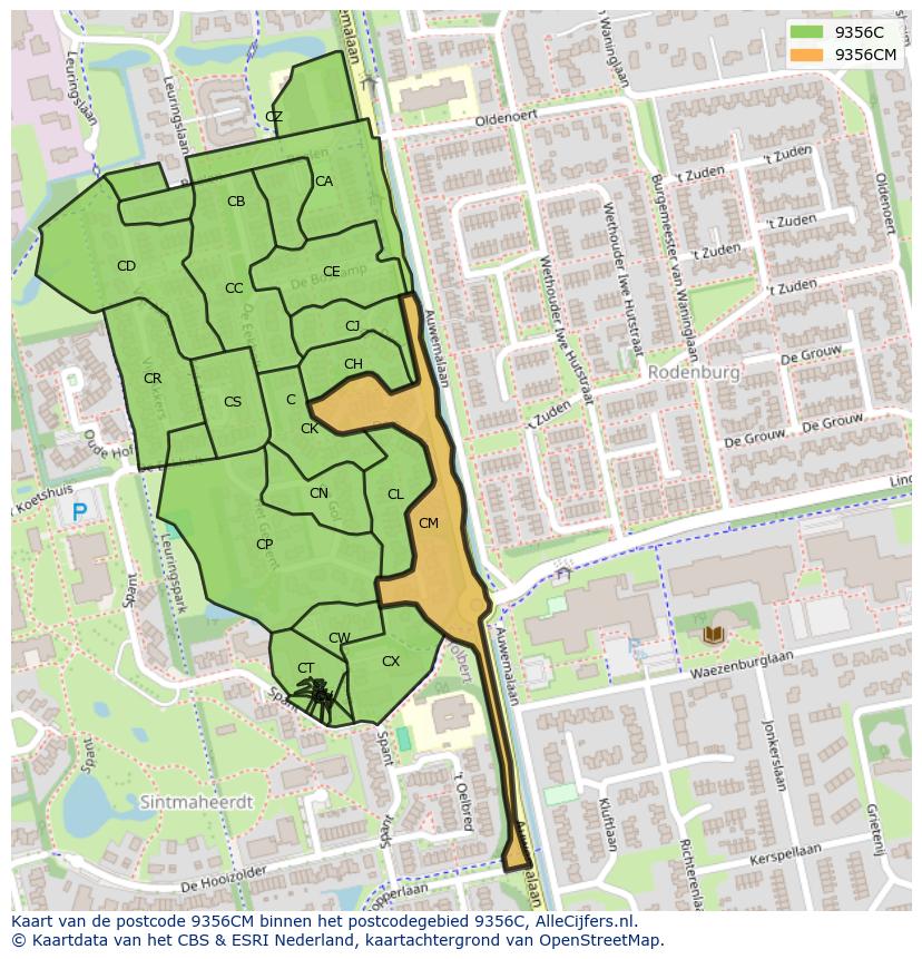 Afbeelding van het postcodegebied 9356 CM op de kaart.