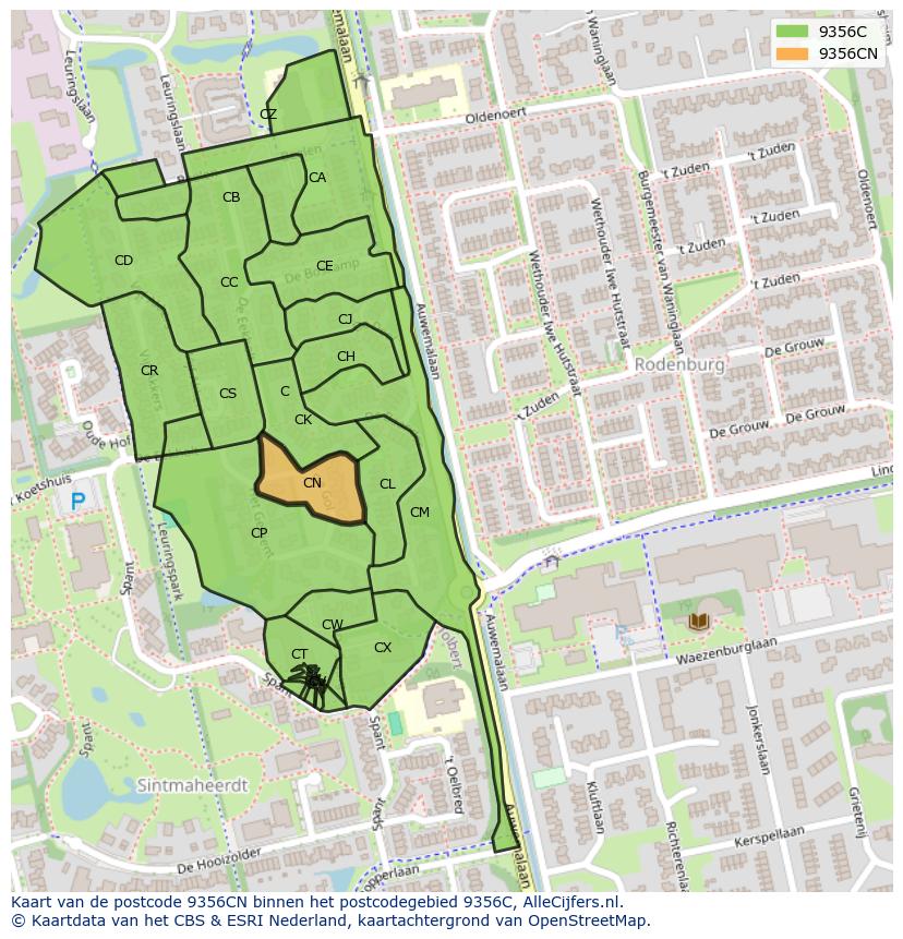Afbeelding van het postcodegebied 9356 CN op de kaart.