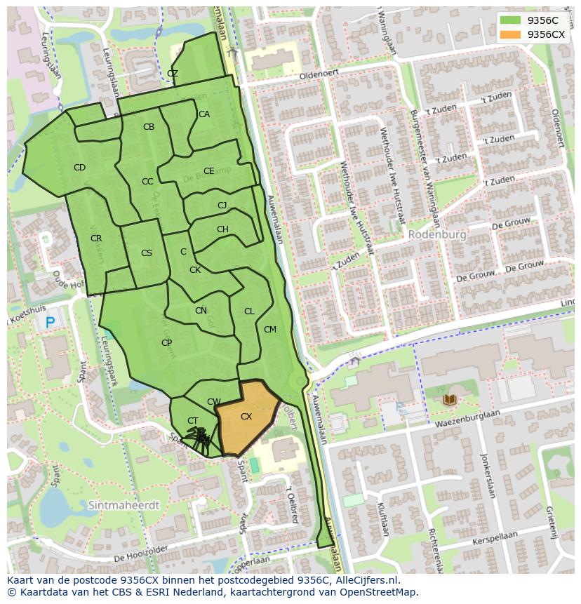 Afbeelding van het postcodegebied 9356 CX op de kaart.