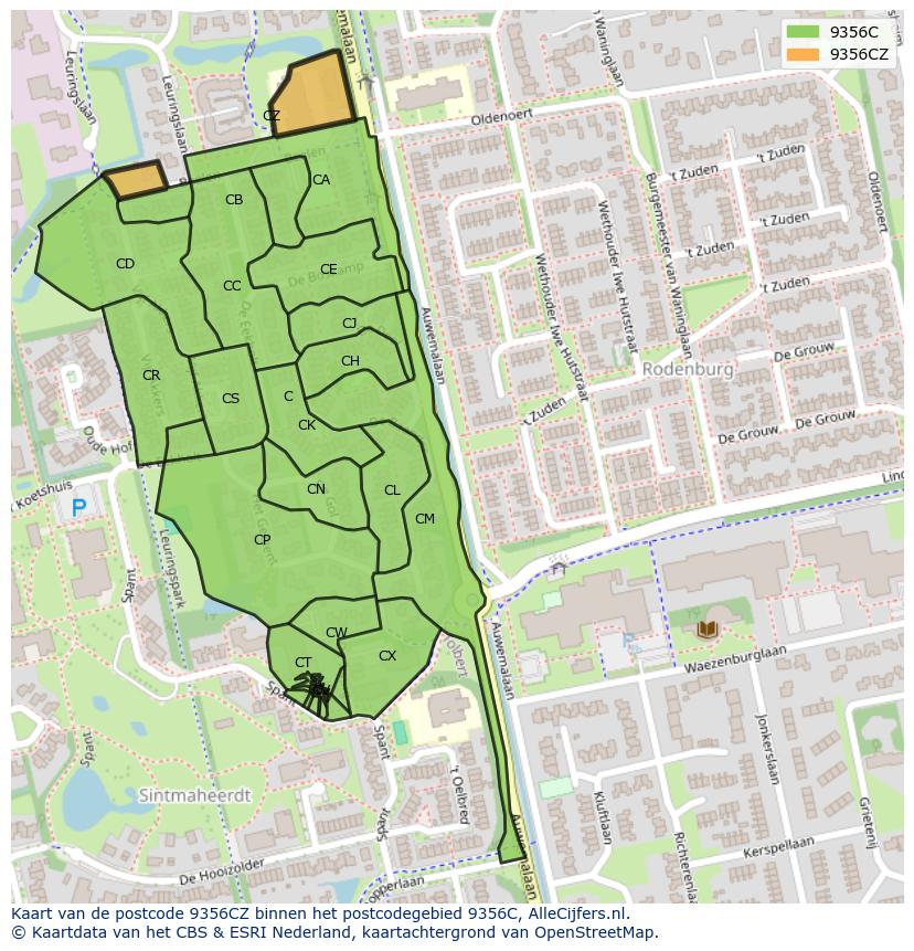 Afbeelding van het postcodegebied 9356 CZ op de kaart.