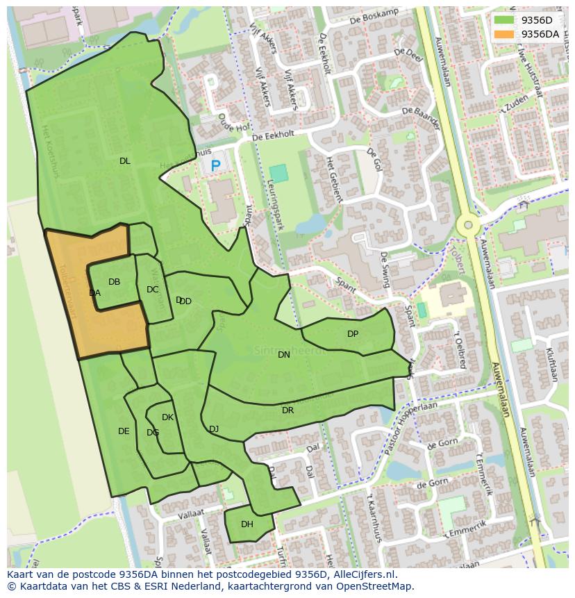 Afbeelding van het postcodegebied 9356 DA op de kaart.