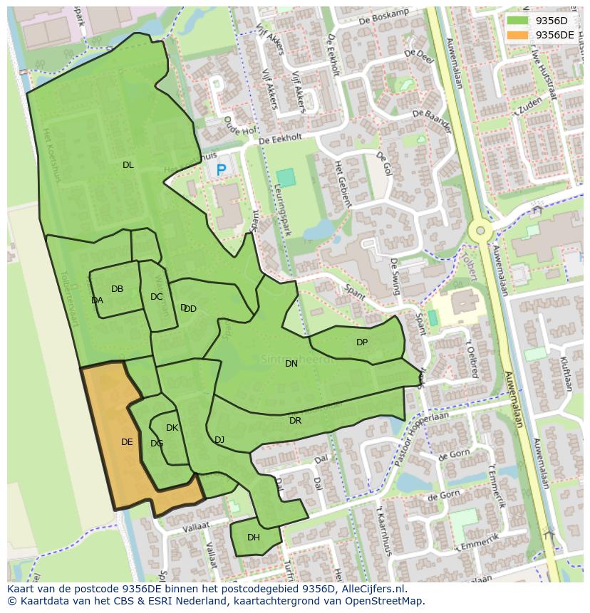 Afbeelding van het postcodegebied 9356 DE op de kaart.
