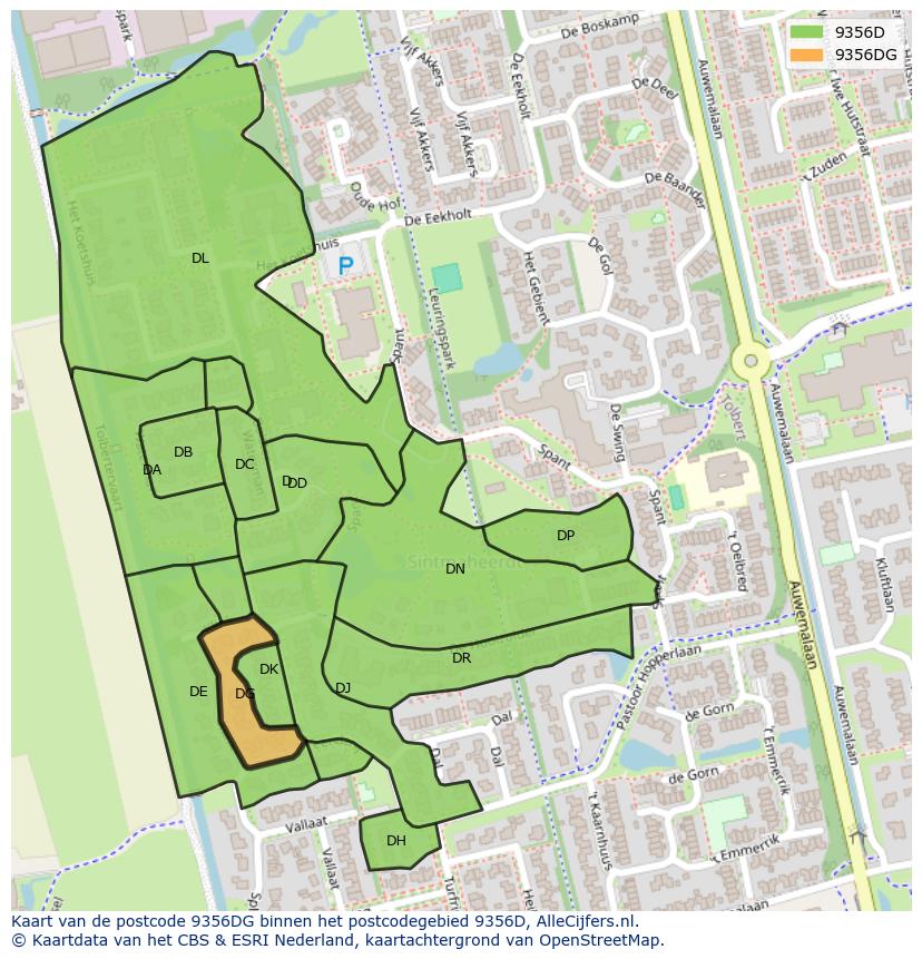 Afbeelding van het postcodegebied 9356 DG op de kaart.