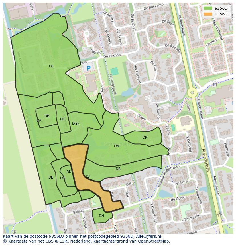 Afbeelding van het postcodegebied 9356 DJ op de kaart.