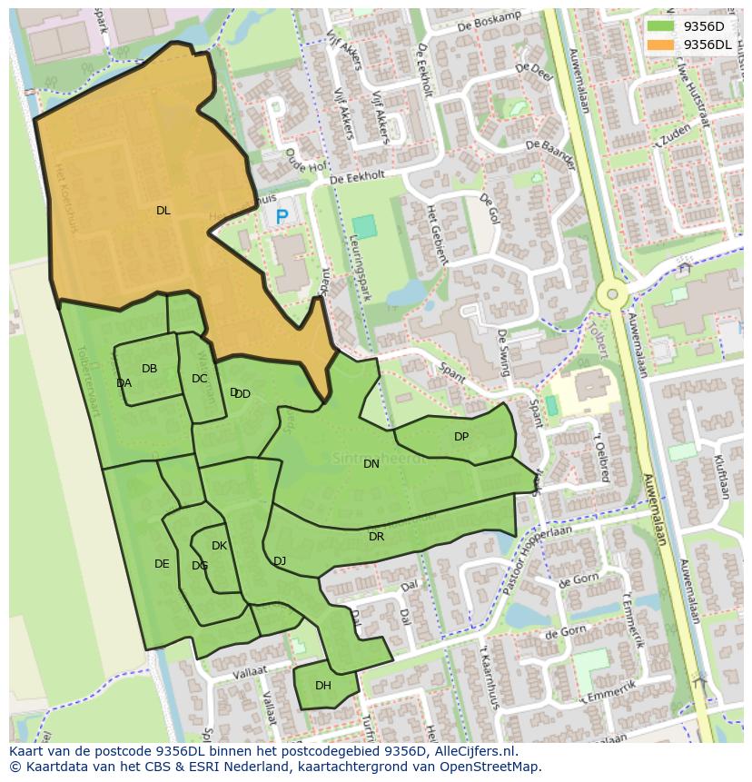 Afbeelding van het postcodegebied 9356 DL op de kaart.