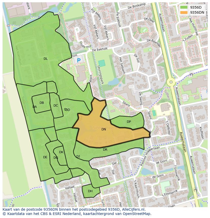 Afbeelding van het postcodegebied 9356 DN op de kaart.