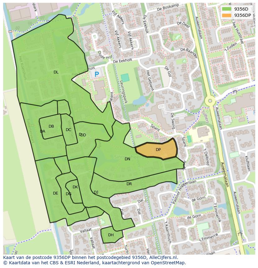 Afbeelding van het postcodegebied 9356 DP op de kaart.