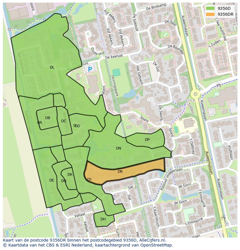 Afbeelding van het postcodegebied 9356 DR op de kaart.