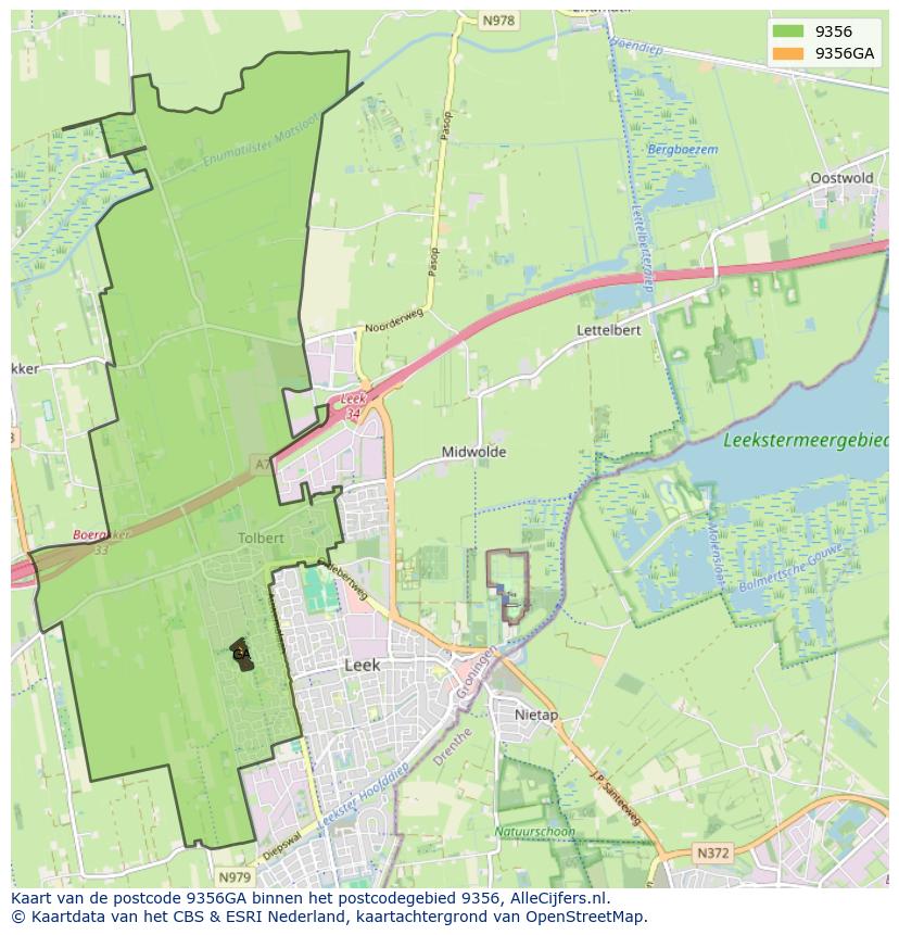 Afbeelding van het postcodegebied 9356 GA op de kaart.