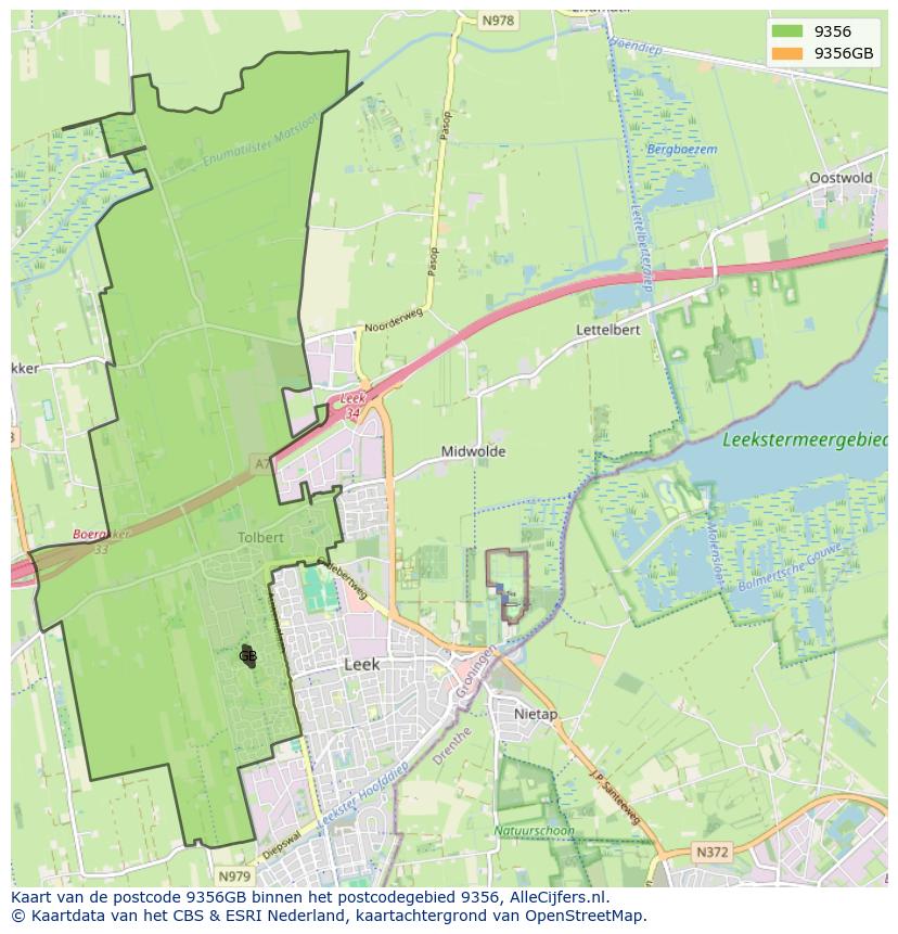 Afbeelding van het postcodegebied 9356 GB op de kaart.