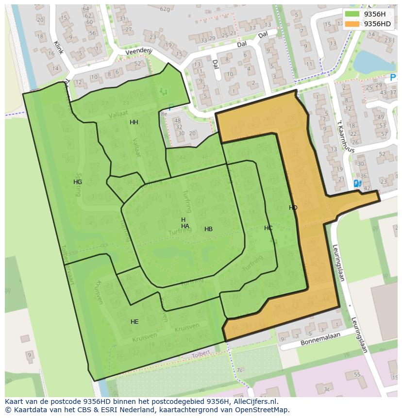 Afbeelding van het postcodegebied 9356 HD op de kaart.