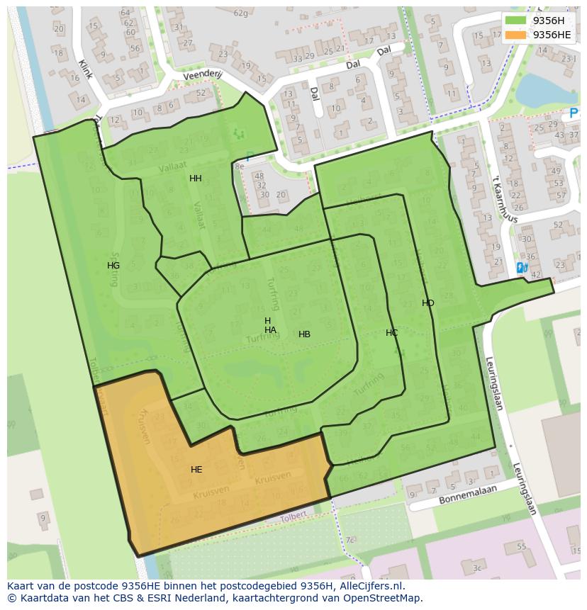 Afbeelding van het postcodegebied 9356 HE op de kaart.